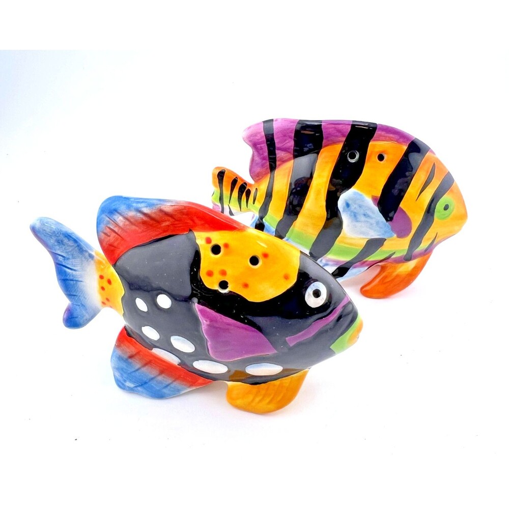 Clay Art Tropical Fish Salt & Pepper Shakers Set Ceramic Bright Colorful Decor